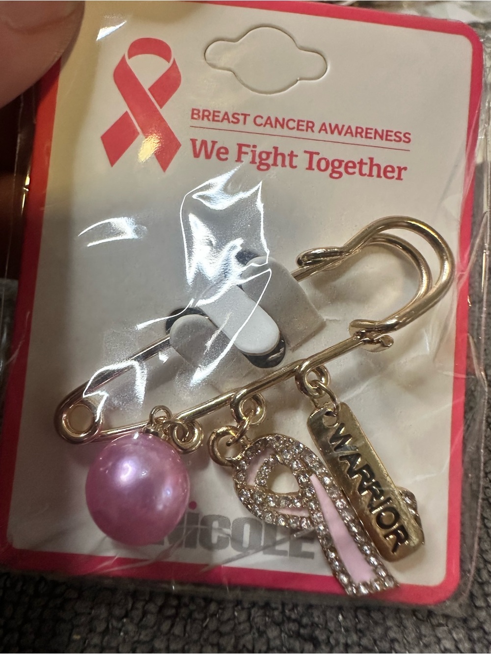 Breast Cancer Awareness Pink Ribbon Charm Brooch - Warrior